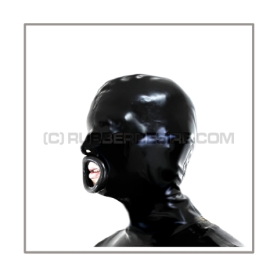 Black latex hood H-BLOW with zipper, anatomical 3-panel shape of latex-sheeting and blowjob-mouth